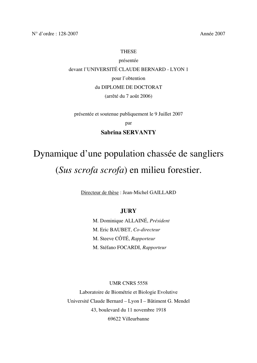 PDF) Dynamique d'une population chasse de sangliers (Sus scrofa ...