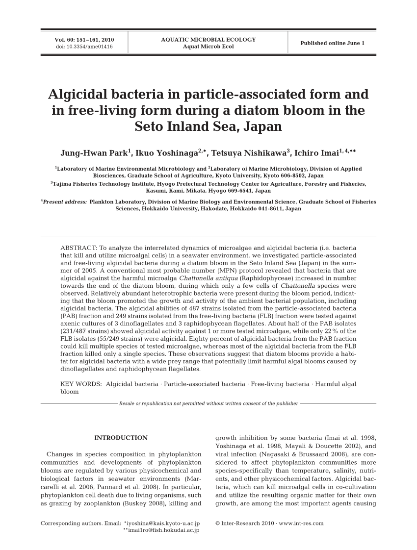 Pdf Algicidal Bacteria In Particle Associated Form And In Free Living Form During A Diatom Bloom In The Seto Inland Sea Japan