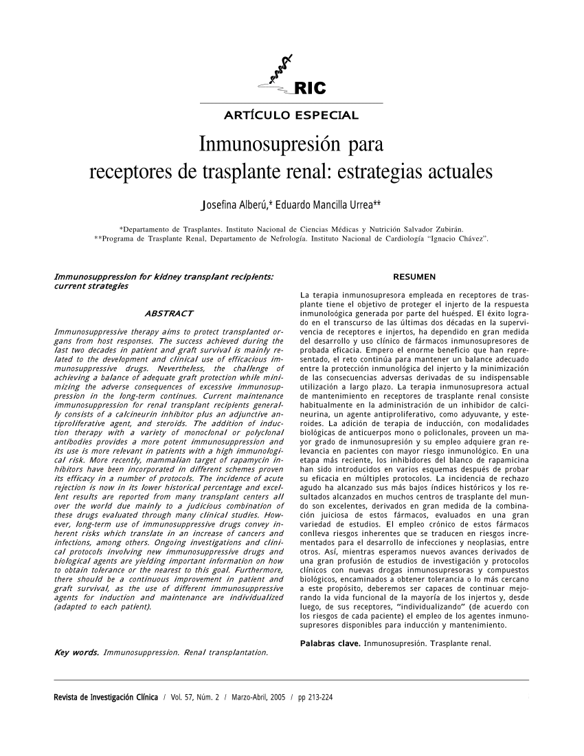 Pdf Inmunosupresion Para Receptores De Trasplante Renal Estrategias Actuales