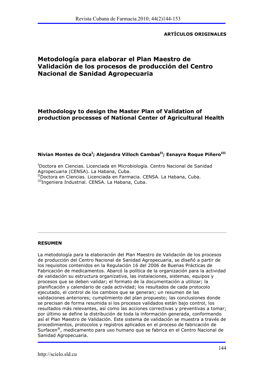 PDF) Metodología para elaborar el Plan Maestro de Validación de los  procesos de producción del Centro Nacional de Sanidad Agropecuaria