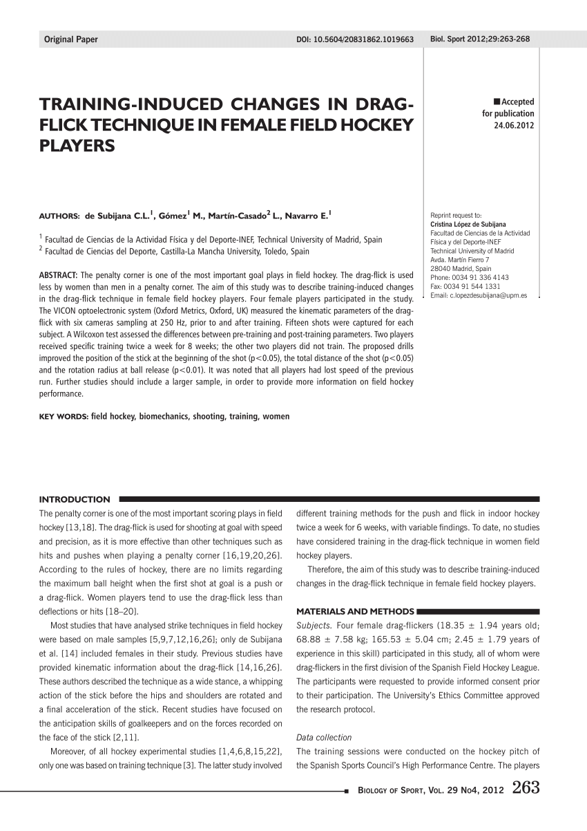Pdf Training Induced Changes In Drag Flick Technique In Female