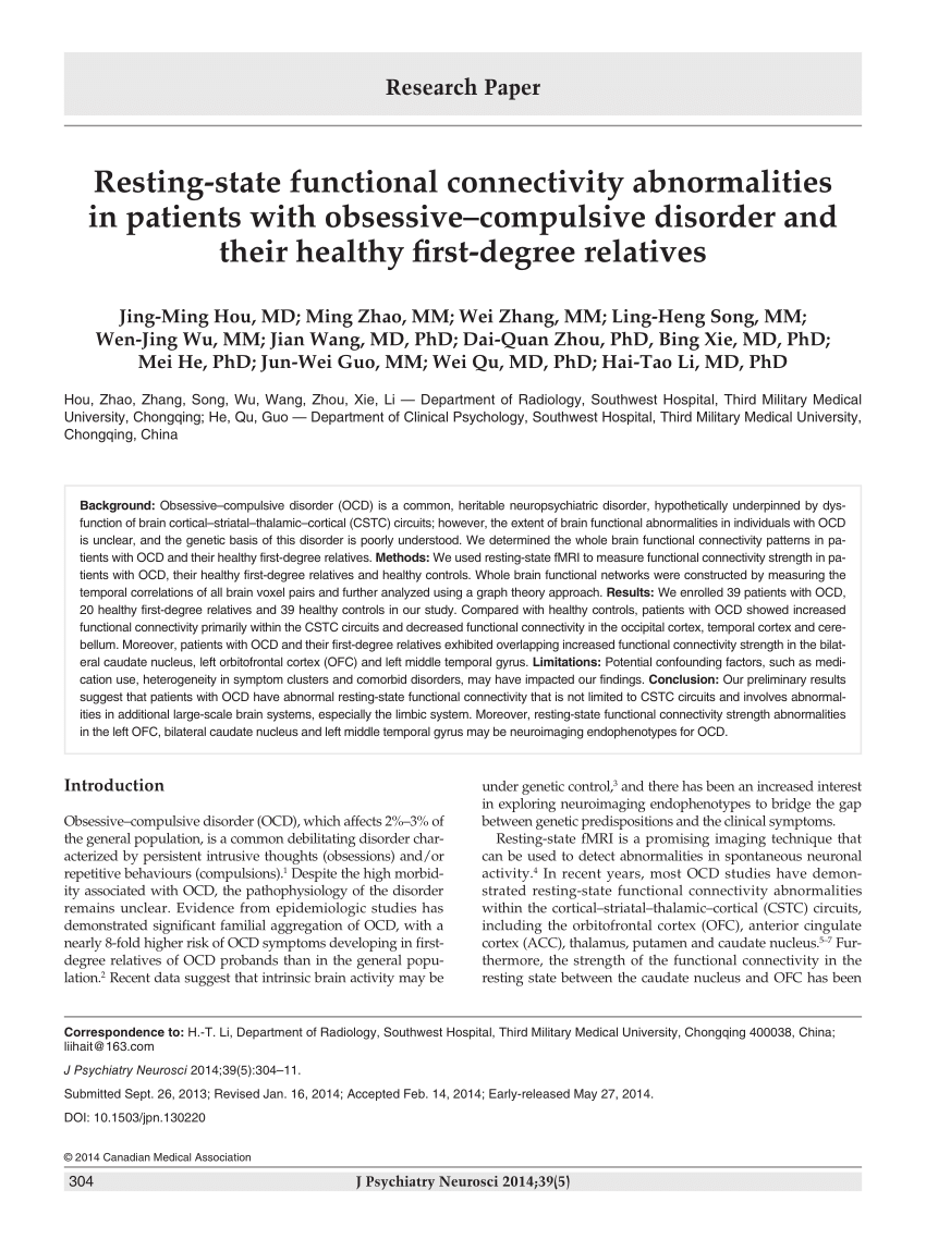 Pdf) Resting-State Functional Connectivity Abnormalities In Patients With  Obsessive–Compulsive Disorder And Their Healthy First-Degree Relatives