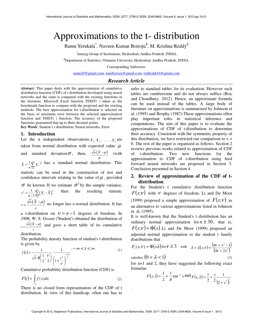 Pdf Approximations To The T Distribution