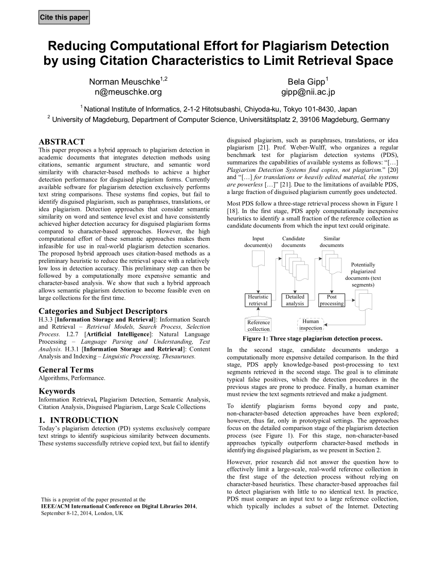 Pdf Reducing Computational Effort For Plagiarism Detection By Using Citation Characteristics To Limit Retrieval Space