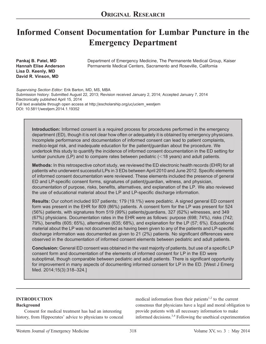 PDF) Informed Consent Documentation for Lumbar Puncture in the Pertaining To Lumbar Puncture Procedure Note Template