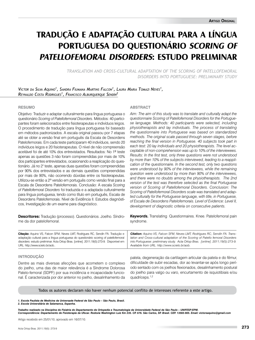 PDF) Translation and cross -cultural adaptation of the scorin g of patello  femoraldisorders into portu guese: Preliminary study