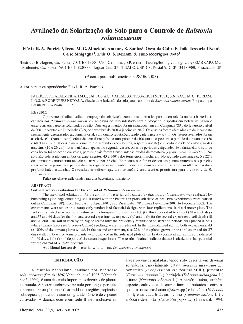 Pdf Soil Solarization Evaluation For The Control Of Ralstonia Solanacearum