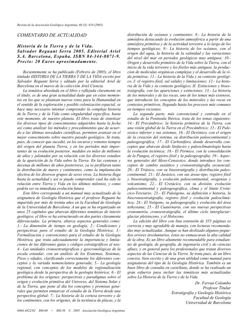 Pdf Historia De La Tierra Y De La Vida Salvador Reguant Serra 05 Editorial Ariel S A Barcelona Espana Isbn 84 344 8071 9 Precio Euros Aproximadamente