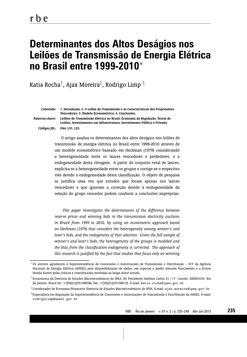 PDF) Efeitos da participação de consórcios nos lances e deságios em leilões  de transmissão de energia elétrica no Brasil
