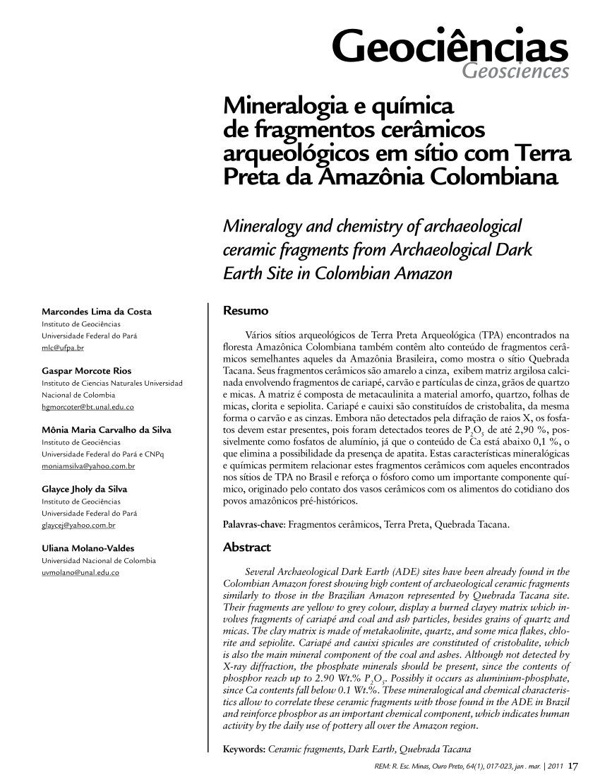 Pdf Mineralogy And Chemistry Of Archaeological Ceramic Fragments From Archaeological Dark Earth Site In Colombian Amazon