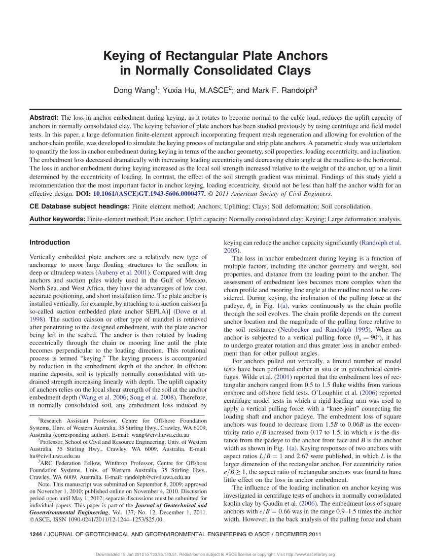 Pdf Keying Of Rectangular Plate Anchors In Normally Consolidated Clays