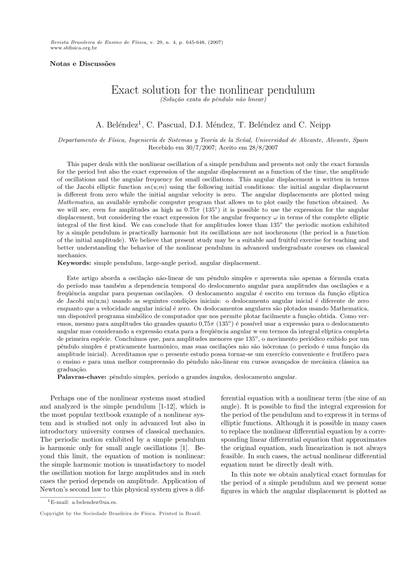 Pdf Exact Solution For The Nonlinear Pendulum