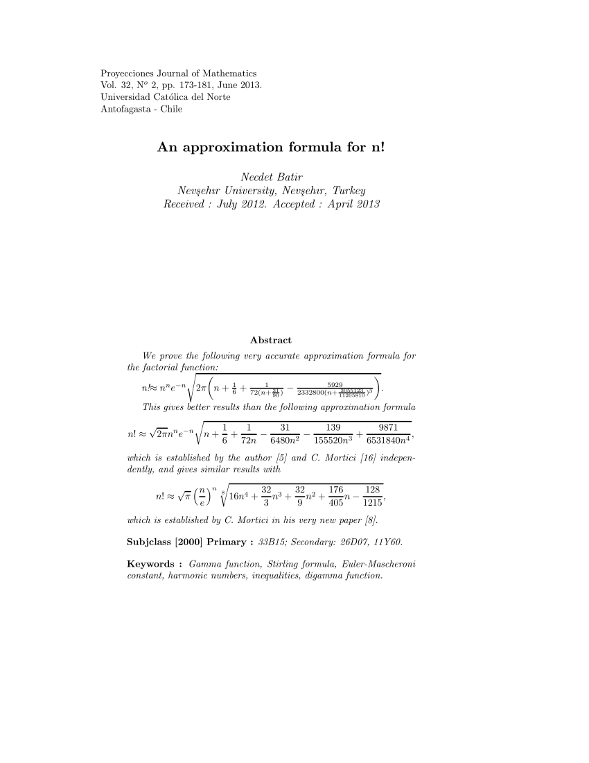 Pdf An Approximation Formula For N