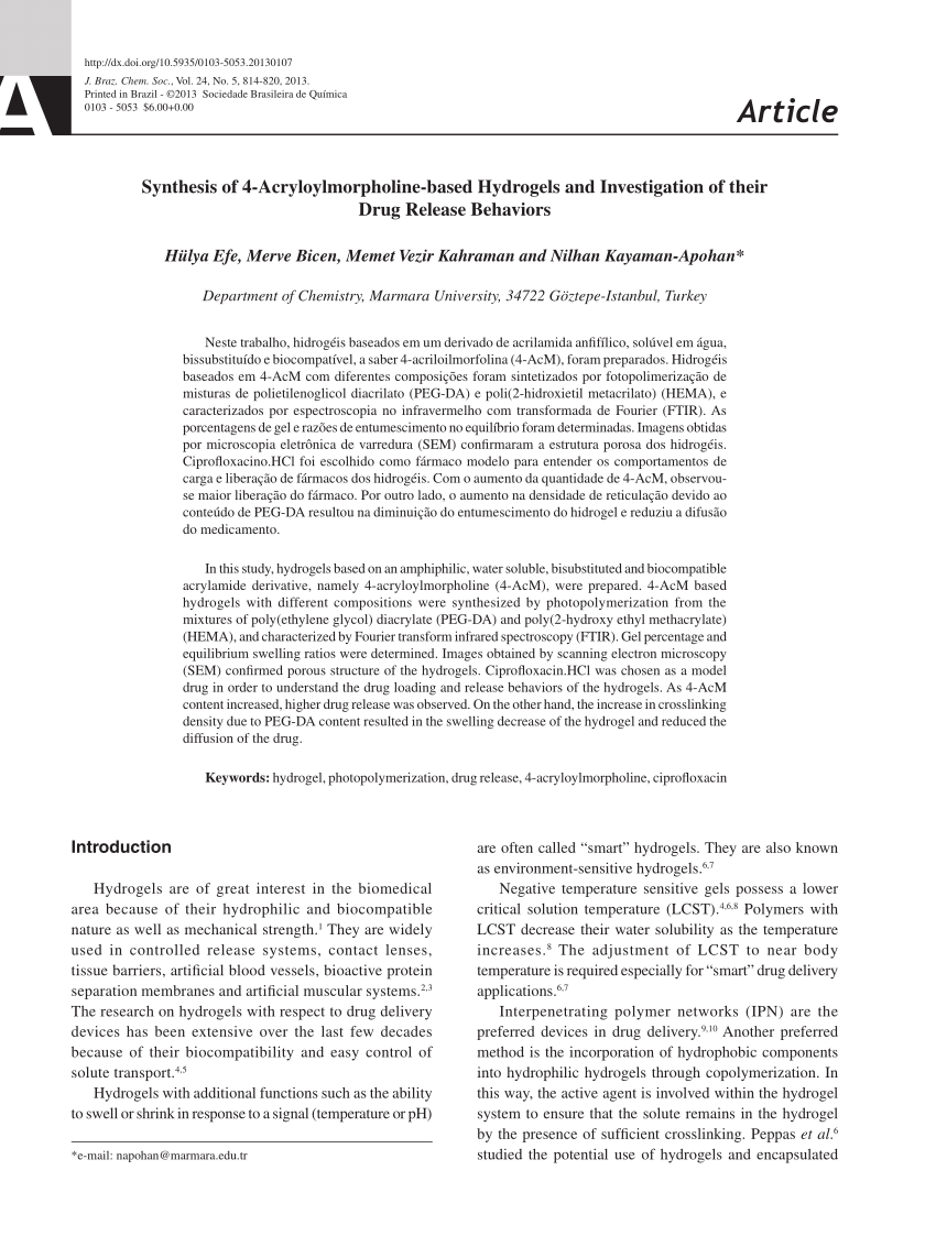 Pdf Synthesis Of 4 Acryloylmorpholine Based Hydrogels And Investigation Of Their Drug Release Behaviors