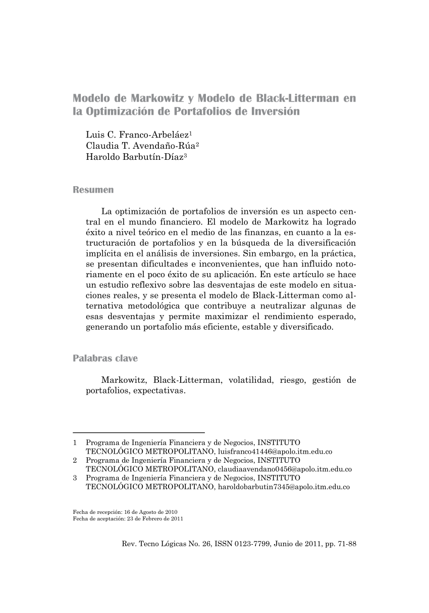 PDF) Modelo de Markowitz y Modelo de Black-Litterman en la Optimización de  Portafolios de Inversión