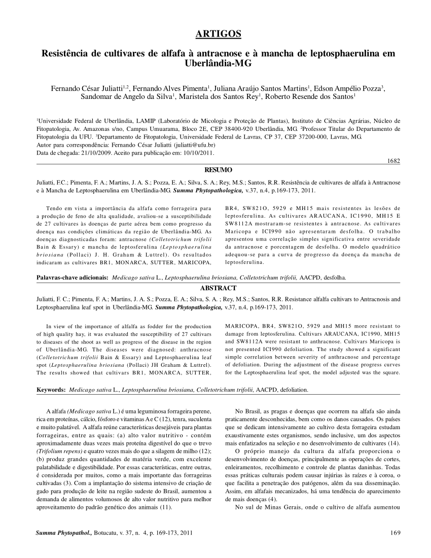 Pdf Resistance Alfalfa Cultivars To Antracnosis And Leptosphaerulina Leaf Spot In Uberlandia Mg