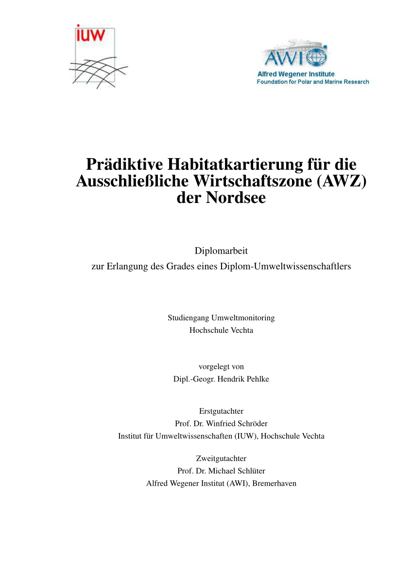 PDF Prädiktive Habitatkartierung für Ausschließliche Wirtschaftszone AWZ der Nordsee Diplomarbeit zur Erlangung des Grades eines Diplom