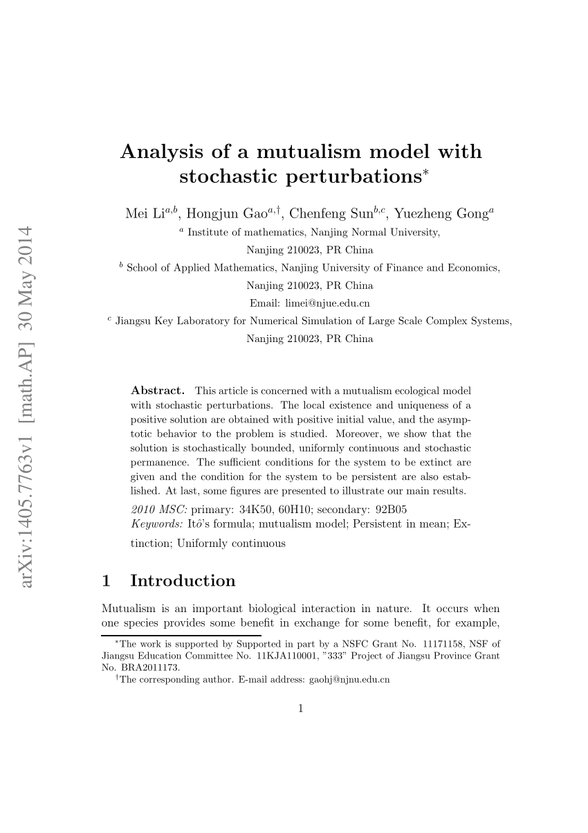 Pdf Analysis Of A Mutualism Model With Stochastic Perturbations