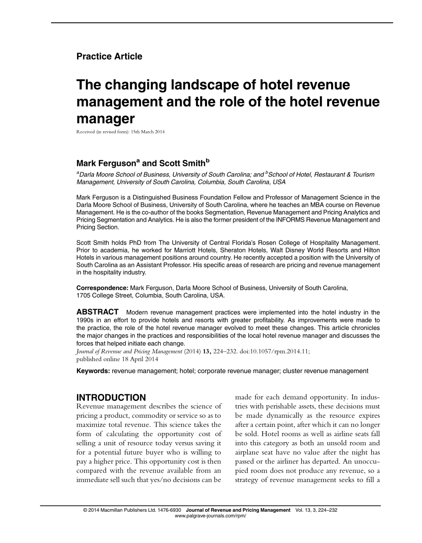 Pdf The Changing Landscape Of Hotel Revenue Management And The
