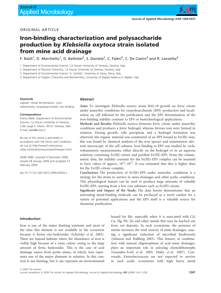 Pdf Iron Binding Characterization And Polysaccharide Production By Klebsiella Oxytoca Strain Isolated From Mine Acid Drainage