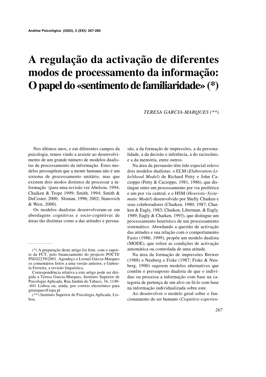 PDF) A regulação da activação de diferentes modos de processamento da  informação: o papel do «sentimento de familiaridade»