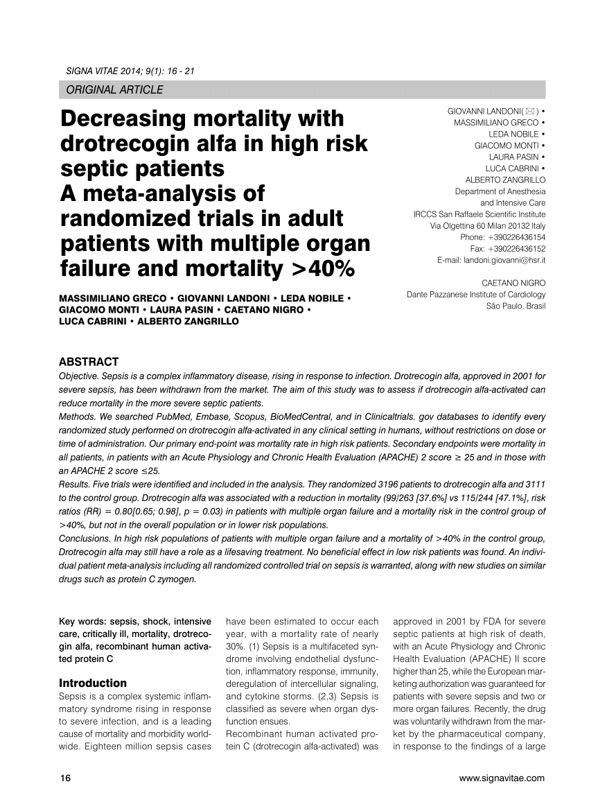 Pdf Decreasing Mortality With Drotrecogin Alfa In High Risk Septic Patients A Meta Analysis Of Randomized Trials In Adult Patients With Multiple Organ Failure And Mortality 40