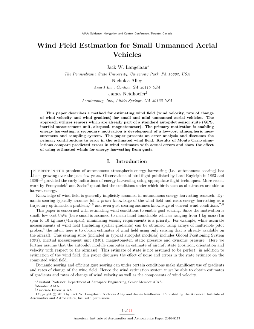 Pdf Wind Field Estimation For Small Unmanned Aerial Vehicles