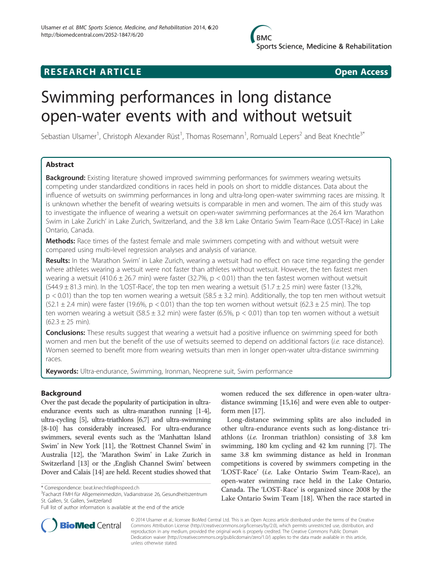 Pdf Swimming Performances In Long Distance Open Water Events With And Without Wetsuit