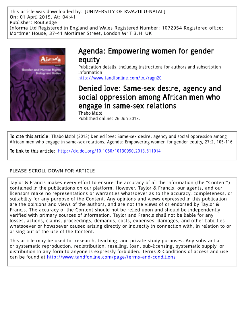 PDF) Denied love: Same-sex desire, agency and social oppression among African  men who engage in same-sex relations