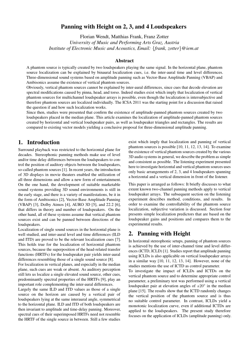 Pdf Panning With Height On 2 3 And 4 Loudspeakers