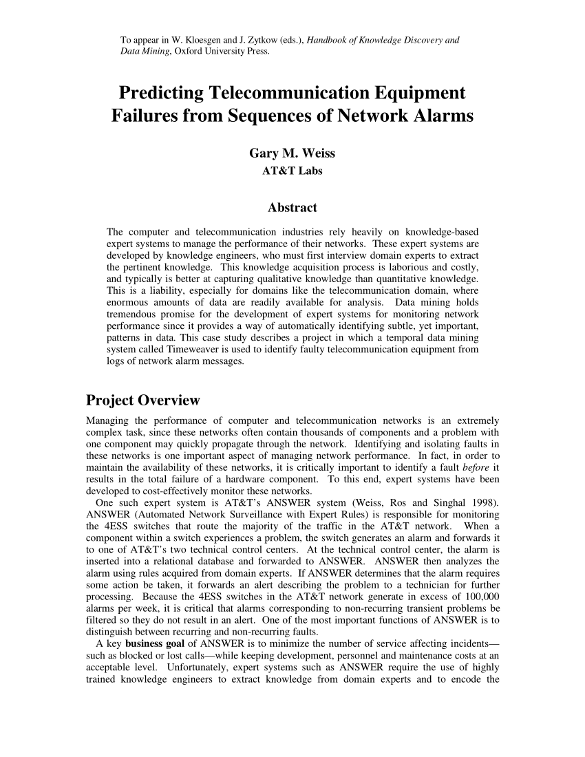 Pdf Predicting Telecommunication Equipment Failures From Sequences Of Network Alarms