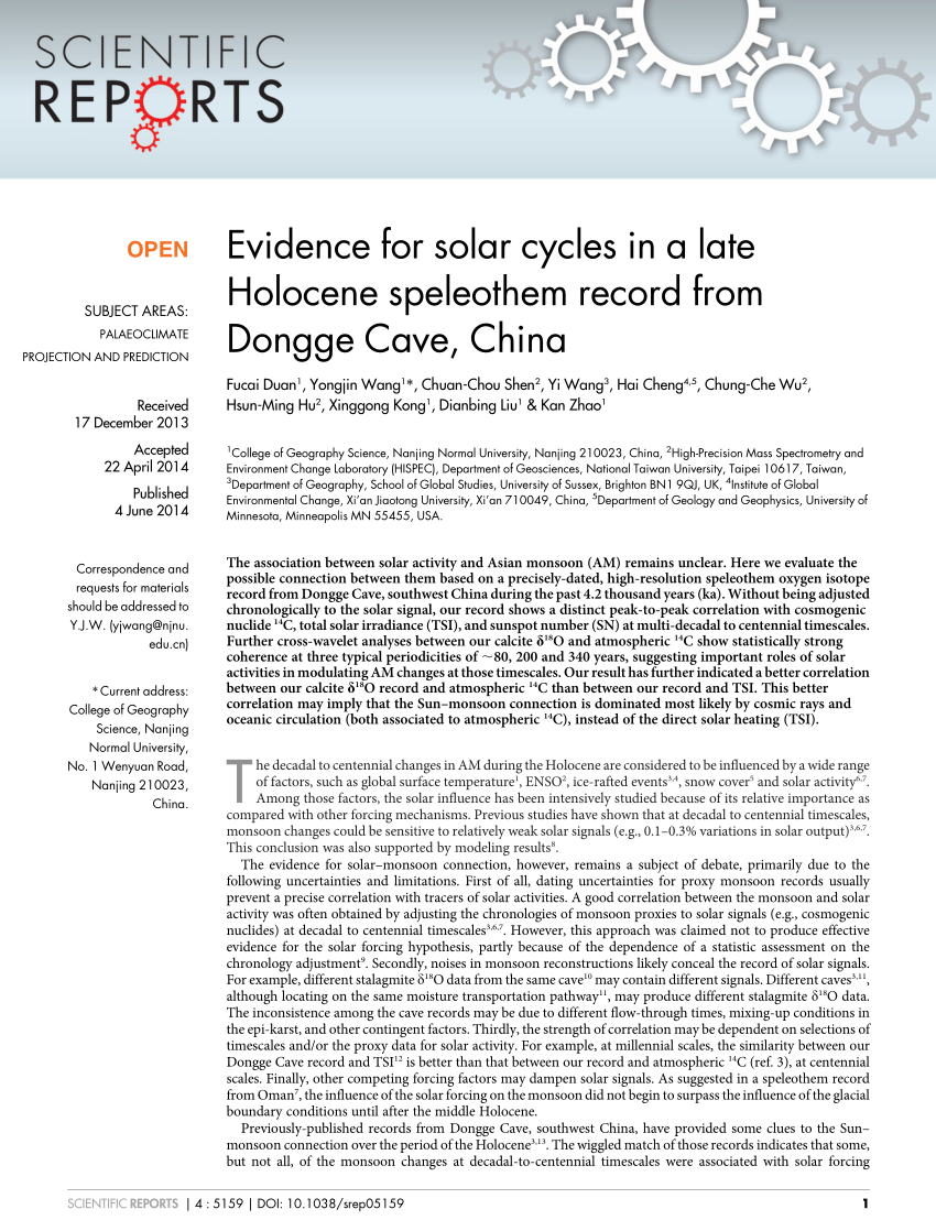 PDF) Evidence for solar cycles in a late Holocene speleothem ...
