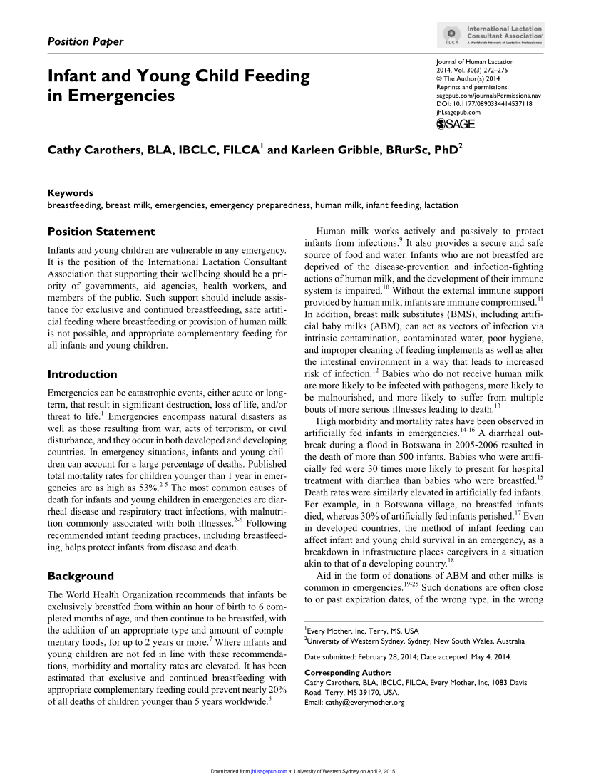 Facts About Infant Feeding During Emergencies, Nutrition