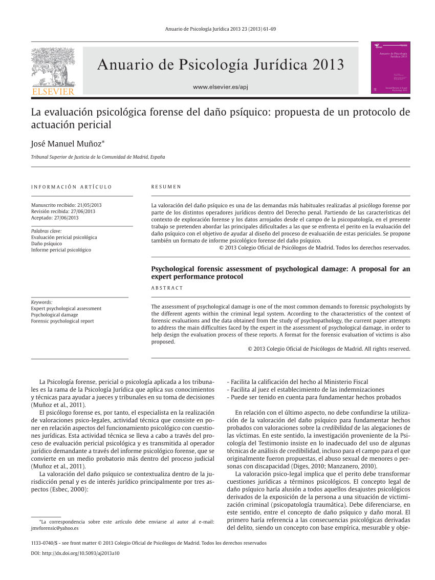 Pdf La Evaluación Psicológica Forense Del Daño Psíquico Propuesta De Un Protocolo De 7085