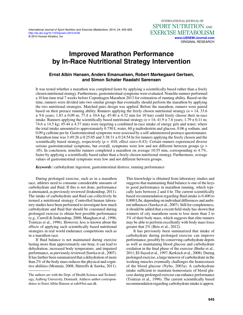 Pdf Improved Marathon Performance By In Race Nutritional