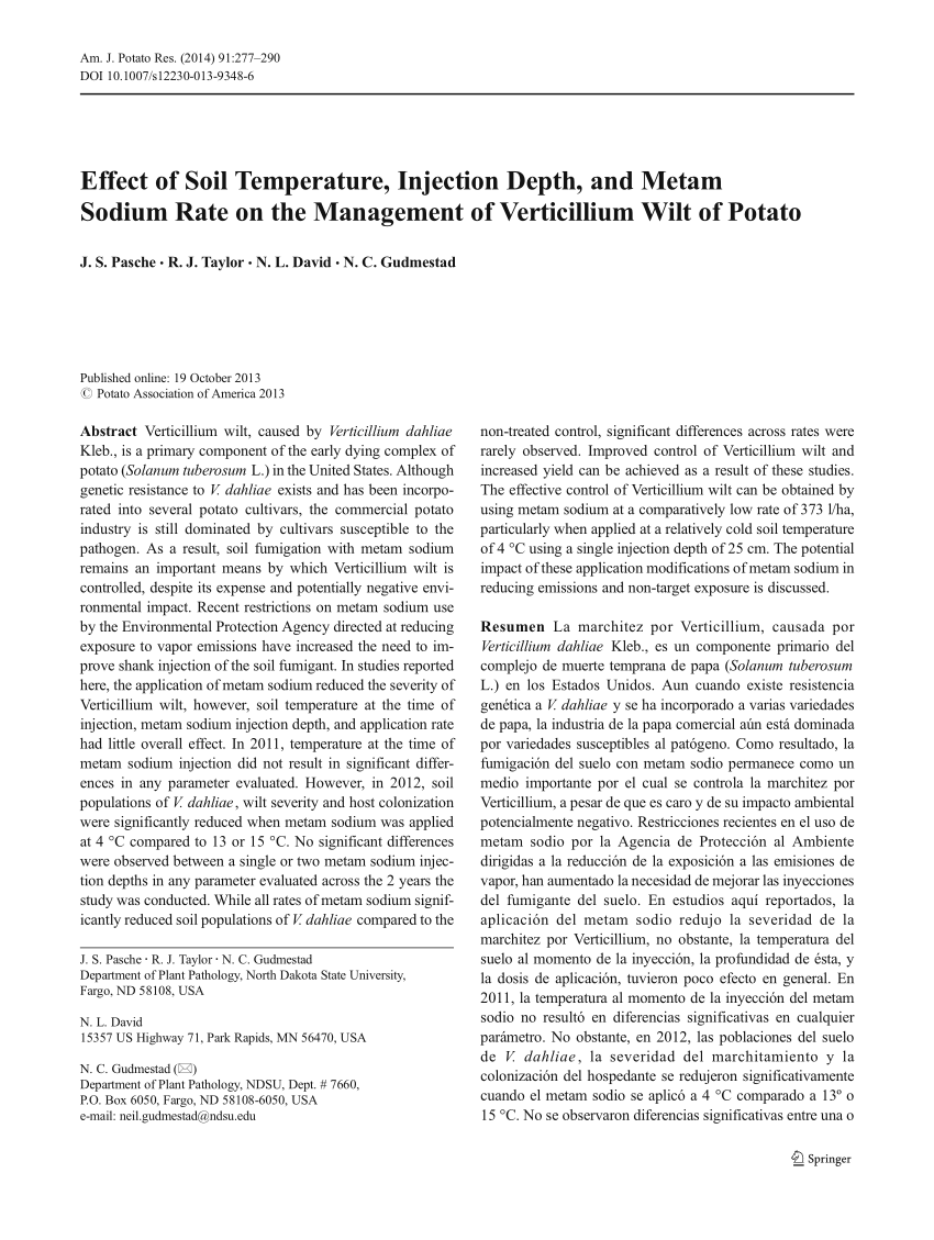 Pdf Effect Of Soil Temperature Injection Depth And Metam Sodium Rate On The Management Of Verticillium Wilt Of Potato