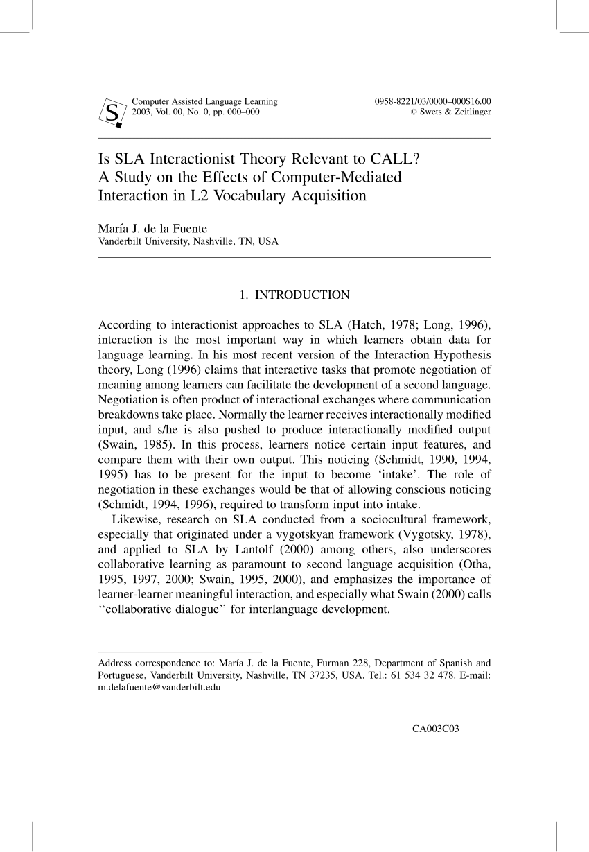 Pdf Is Sla Interactionist Theory Relevant To Call A Study On The Effects Of Computer Mediated Interaction In L2 Vocabulary Acquisition