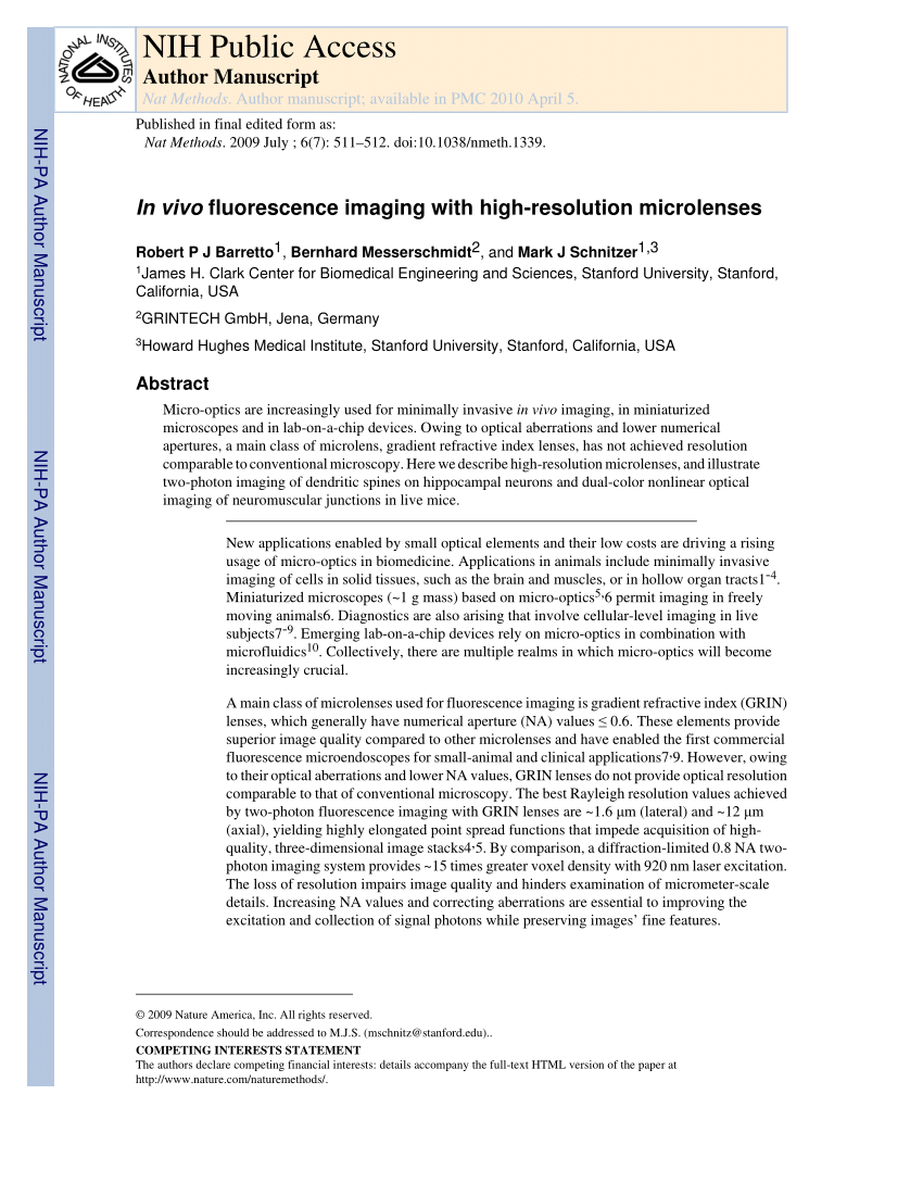 Pdf In Vivo Fluorescence Imaging With High Resolution Microlenses