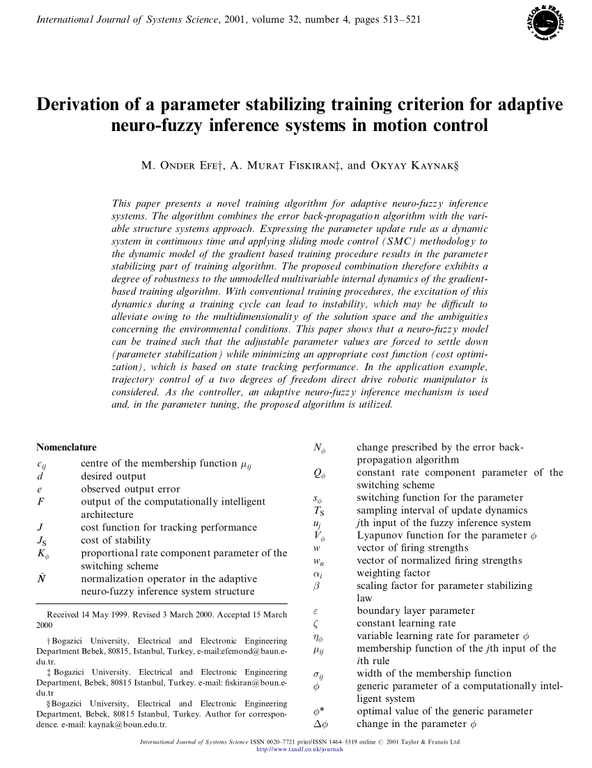 Pdf Derivation Of A Parameter Stabilizing Training Criterion For Adaptive Neuro Fuzzy Inference Systems In Motion Control