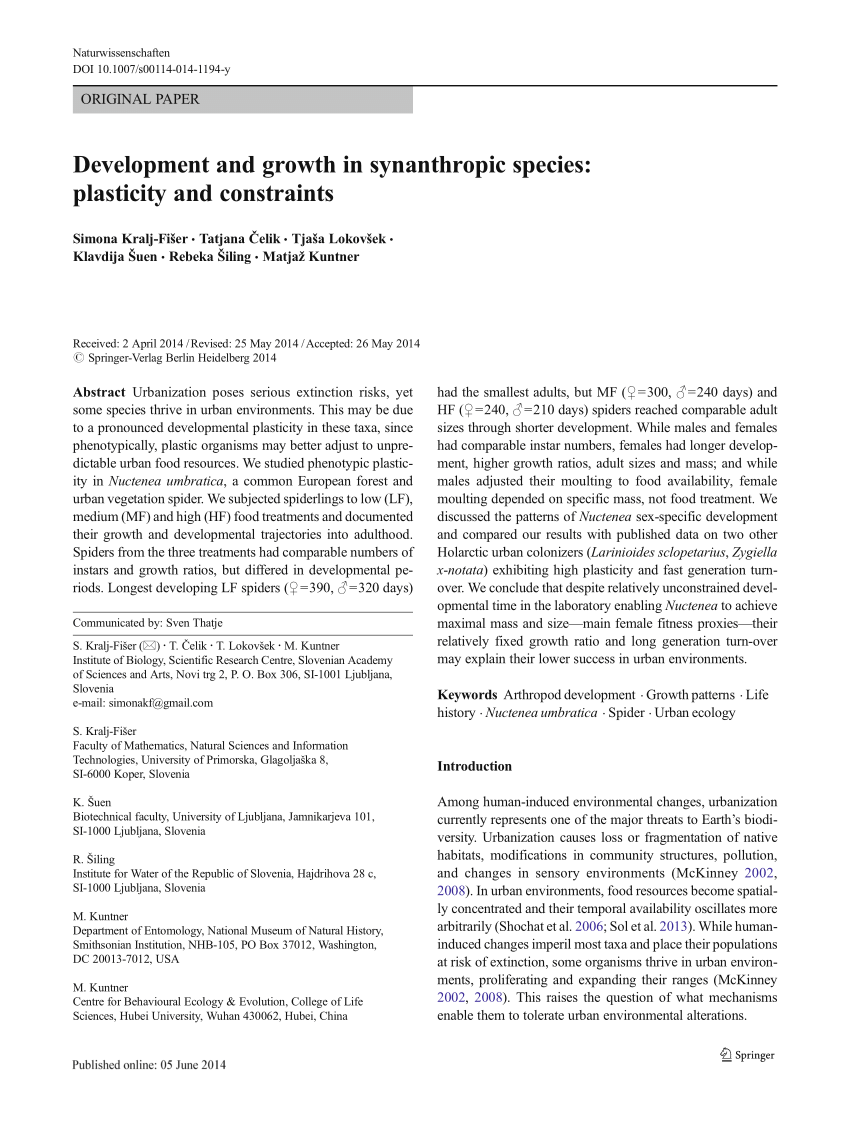 Pdf Development And Growth In Synanthropic Species Plasticity