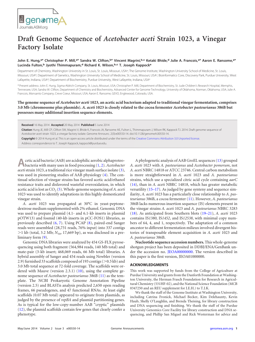 PDF Draft Genome Sequence of Acetobacter aceti Strain 1023 a