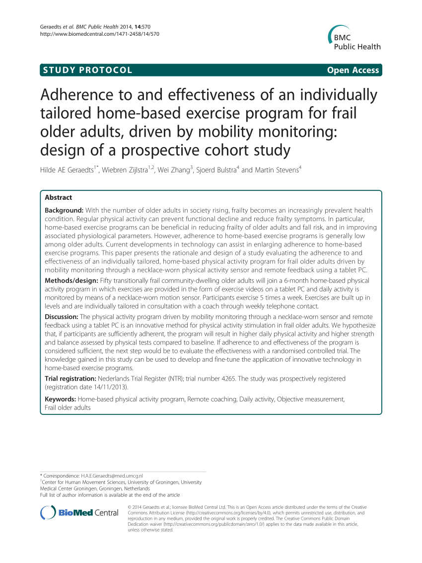 PDF) Adherence to and effectiveness of an individually tailored home-based  exercise program for frail older adults, driven by mobility monitoring:  Design of a prospective cohort study