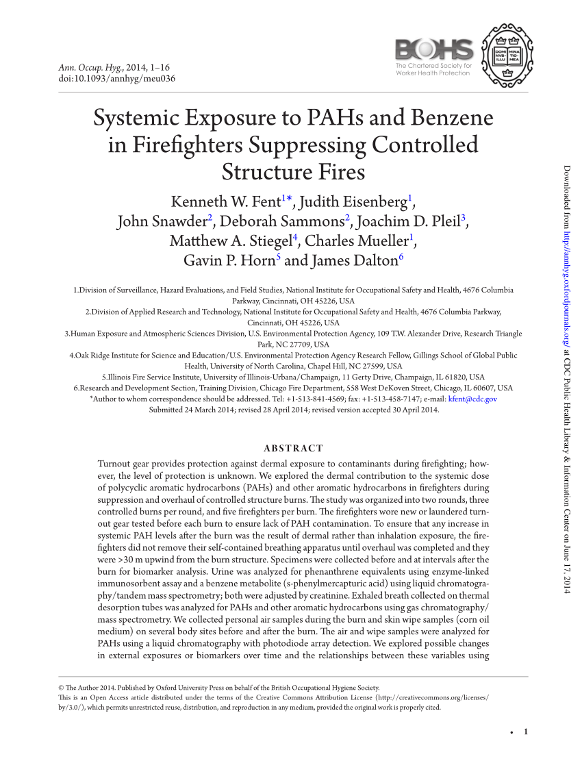PDF) Systemic Exposure to PAHs and Benzene in Firefighters Suppressing  Controlled Structure Fires
