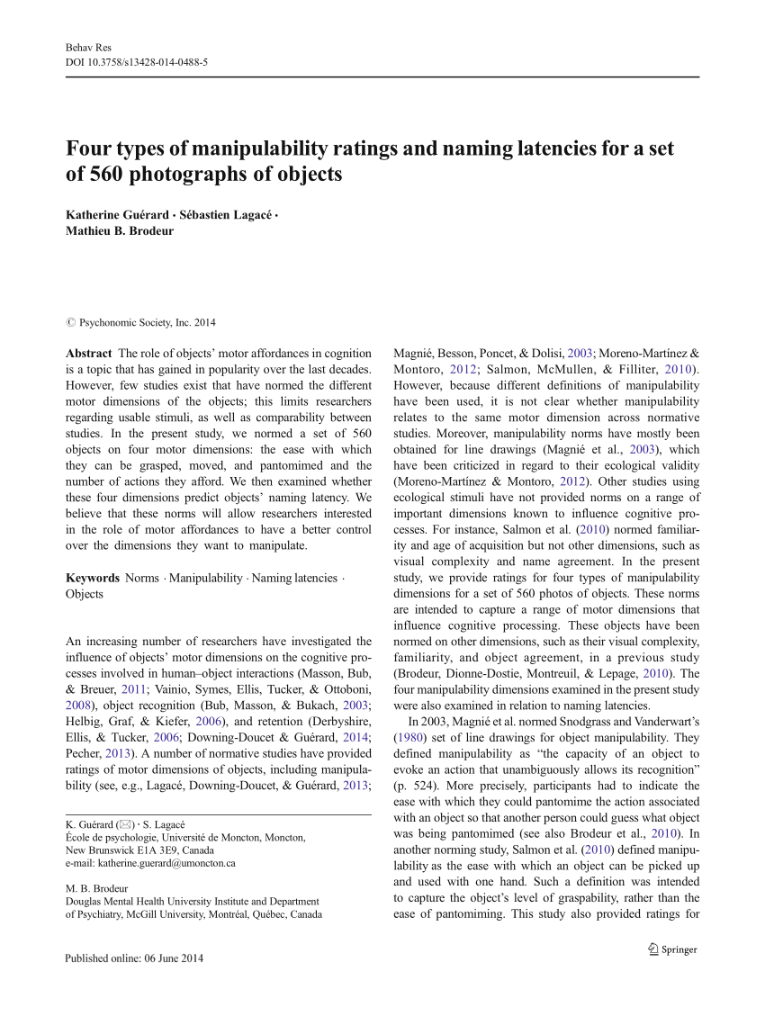 Pdf Four Types Of Manipulability Ratings And Naming