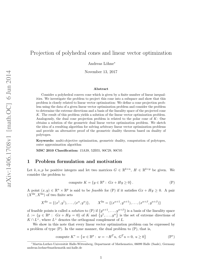 Pdf Projection Of Polyhedral Cones And Linear Vector Optimization