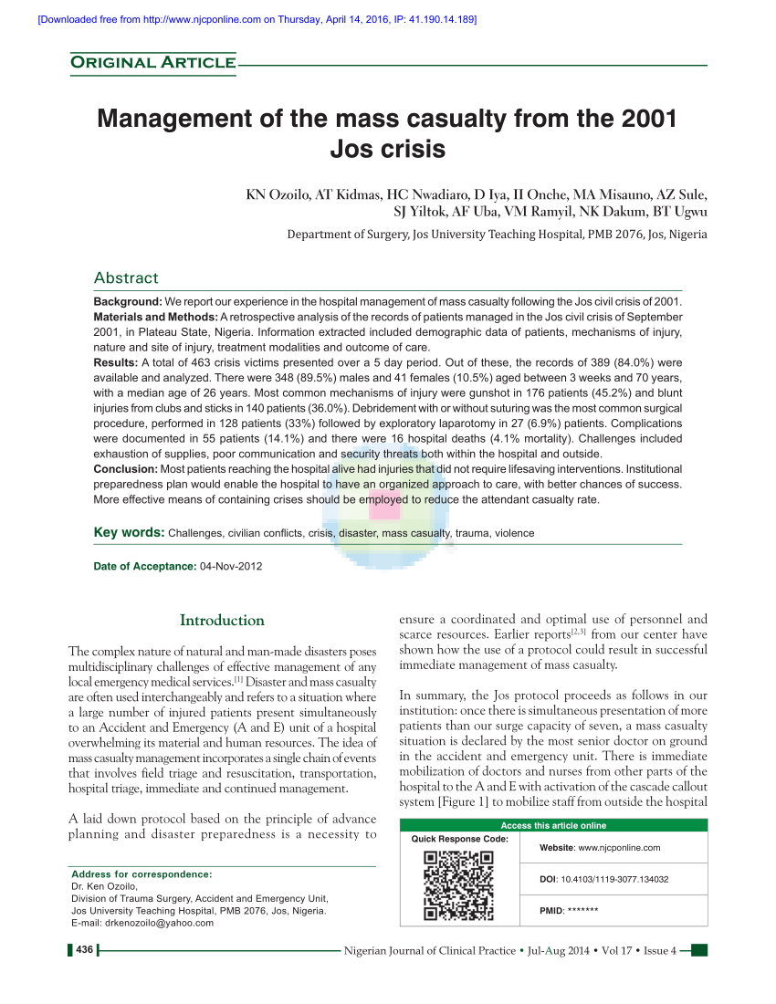 (PDF) Management of the mass casualty from the 2001 Jos crisis
