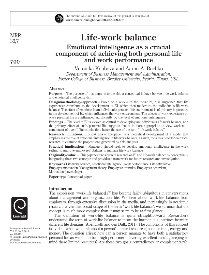 research paper on emotional intelligence and work life balance