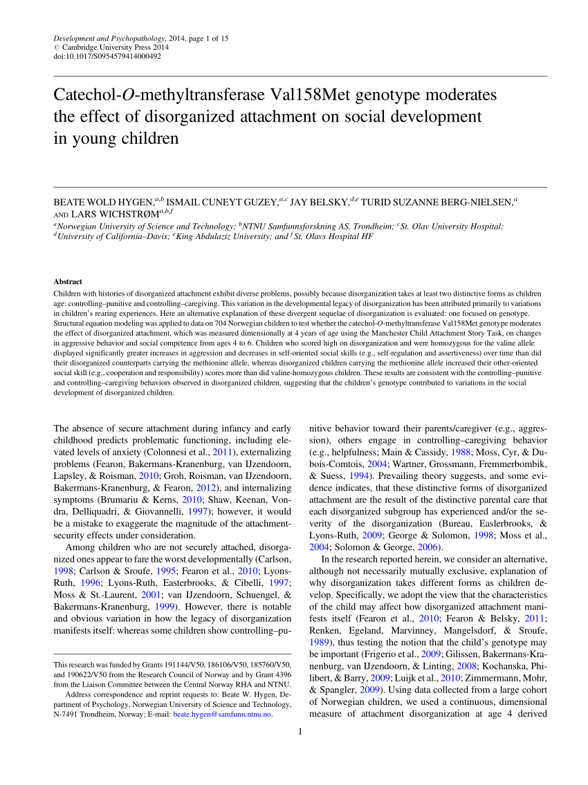 PDF) Catechol-O-methyltransferase Val158Met genotype moderates the ...
