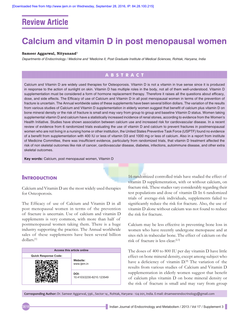 Pdf Calcium And Vitamin D In Post Menopausal Women