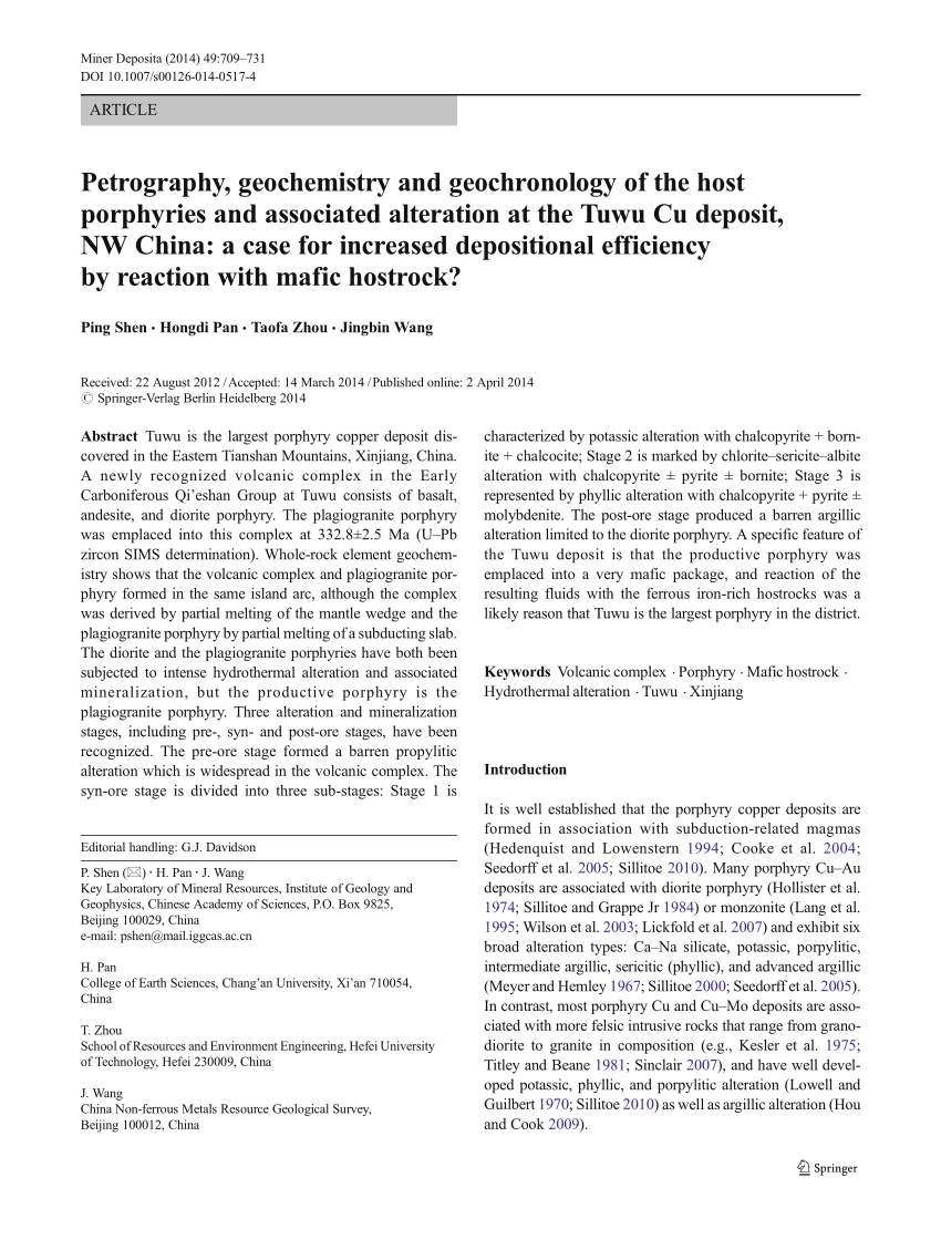 Pdf Petrography Geochemistry And Geochronology Of The Host Porphyries And Associated Alteration At The Tuwu Cu Deposit Nw China A Case For Increased Depositional Efficiency By Reaction With Mafic Hostrock